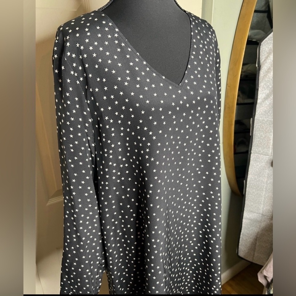 Madewell Silk Dress Black, star pattern, long sleeve, button back detail